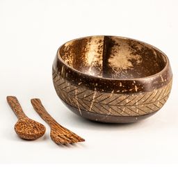 Thenga Geometric Jumbo Coconut Bowl with Spoon and Fork - Brown-13