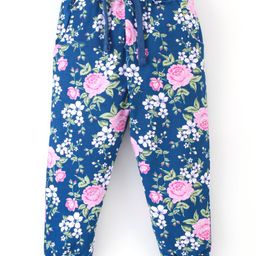 Babyhug Cotton Looper Knit Full Length Lounge Pant Floral Print - Navy Blue-image-13