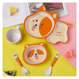 SCHOOLISH DOG  Design 5 Pieces Set Bamboo Kids Dinnerware Set  Children Dishes  Food Plate Bowl Mug Spoon Fork Set Dishware Cartoon Tableware Dishwasher Safe Kids Healthy Mealtime BPA Free Pack of 1 (Color May Vary)-17