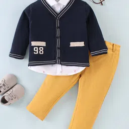 ToffyHouse Full Sleeves Shirt & Pant Set With Cardigan Cross Print - Navy Blue White & Beige-picture-16