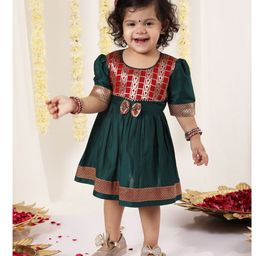 Vastramay Half Sleeves Floral Woven Design & Lace Embellished Ethnic Dress -  Green And Maroon-image-88