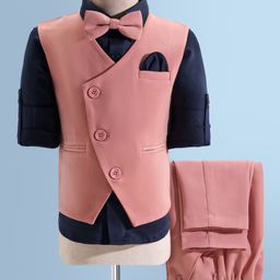 Robo Fry Cotton Woven Full Sleeves 3 Piece Solid Colour Party Suit with Bow - Peach-image-64