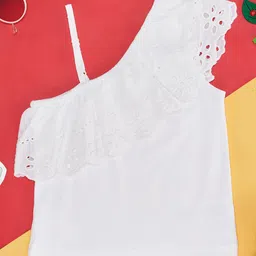 Pantaloons Junior Cotton Spandex One Shoulder Schiffli Embroidered Top - White-picture-17