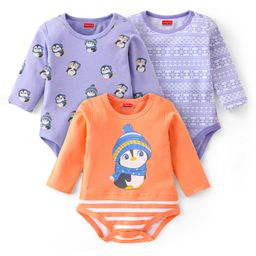 Babyhug Interlock Knit Full Sleeves Onesie With Penguin Printed Pack of 3 - Purple & Orange-image-45