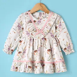 ToffyHouse 100% Woven Cotton Yarn Dyed Full Sleeves Frill Detailed Frock With Floral Print - Off White-picture-46