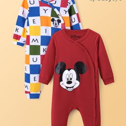 Babyoye Disney Interlock Knit Full Sleeves Front Open Rompers with Mickey Mouse Graphics Pack of 2 - Maroon & White-image-61