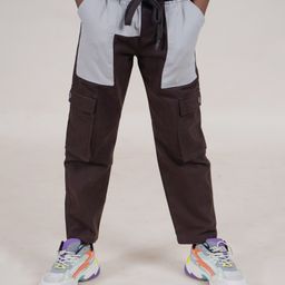 Kiddopanti Cotton Full Length Contrast Patch Pocket Cargo Pant With Elasticated Drawstring - Brown & Beige-image-3