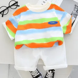 Googo Gaaga Cotton Half Sleeves Striped Tee With Shorts Set - White & Orange-picture-16