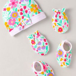 Babyhug Interlock Knit Floral Print Cap Mittens &Booties - White Purple Pink-image-107