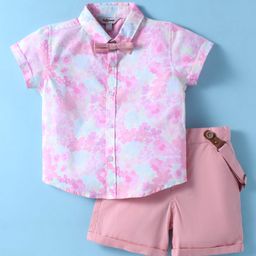 ToffyHouse Poplin Woven Half Sleeves Floral Printed Shirt & Shorts With Bow & Suspender - Pink-picture-14
