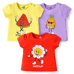 Doodle Poodle 100% Cotton Knit Half Sleeves Tops with Cartoon Print Pack of 3 - Lemon Yellow Red & Lavender-image-62