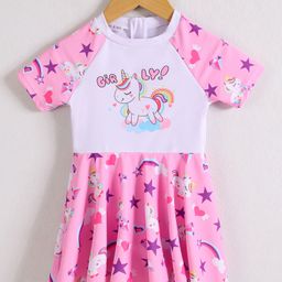 Mark & Mia Half Raglan Sleeves Frock Swimsuit With Unicorn Print - White & Pink-image-49