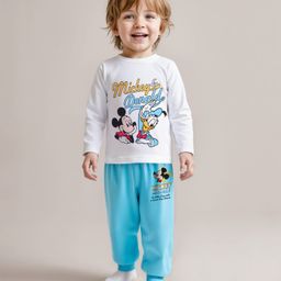 Babyhug Disney Single Jersey Knit Full Sleeves Night Suit With Mickey Mouse Graphic - Light Blue & White-image-92