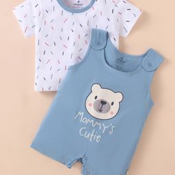Ollypop Sinker Knit Half Sleeves T-Shirt & Dungaree Style Romper with Bear & Text Embroidery - Blue-image-54