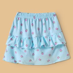 Tango Interlock Knit Knee Length Layered Skirt with Floral Print - Aqua Blue-image-80