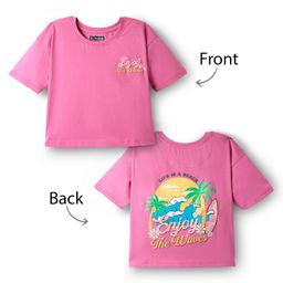 Pine Kids Cotton Knit Half Drop Shoulder Sleeves T-Shirt with Front & Back Beach Theme Print - Pink-image-88