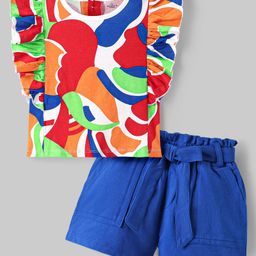Ollington St.Cotton Printed Frill Sleeves Top & Shorts Set - Multicolor & Blue-image-58