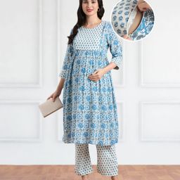 Bella Mama Viscose Woven Three Fourth Sleeves Maternity Suit Set With Floral Printed & Contrast Yoke - Blue-image-77