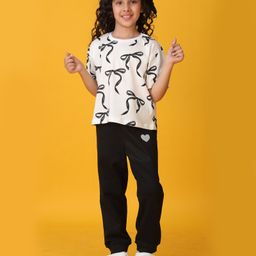 Anthrilo Blended Half Sleeves Bow Printed Tee With Joggers - White & Black-image-6