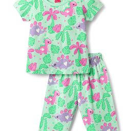 Babyhug Cotton Knit Half Sleeves Co-ords Capri Night Suit with Dino Print - Light Green-image-59