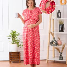 Bella Mama Cotton Knit Half Sleeves Concealed Zipper With Heart Print Nighty - Dark Pink-image-86