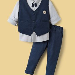 Mini Taurus Sinker Knit Full Sleeves 3 Piece Party Suit With Textured Print - Navy Blue-image-86