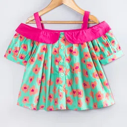 Hugsntugs Cotton Woven Cold Shoulder Sleeves Floral Printed Shirt Style Top - Green & Pink-picture-14