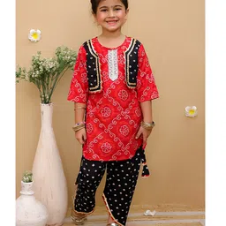 Junitos Cotton Woven Three Fourth Sleeves Bandhani & Floral Printed Attached Jacket Kurti With Dhoti Pant Set - Red & Black-picture-34