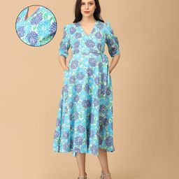 The Mom Store Cotton Knit Half Puffed Sleeves Floral Printed Maternity Dress With Overlap Nursing Access - Multi Colour-picture-28