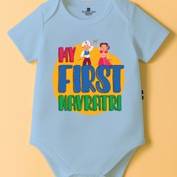 The Peppy Tend 100% Cotton Knit Navratri Theme Half Sleeves My First Navratri Text Printed Onesie - Blue-picture-41