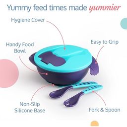 SKB Baby Feeding Bowl with Lid, Suction Cup, Spoon & Fork Set for Feeding & Weaning - Color & Design May Vary image 4