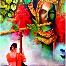 Inephos Red & Green Lord Krishna Religious Canvas Wall Art-57