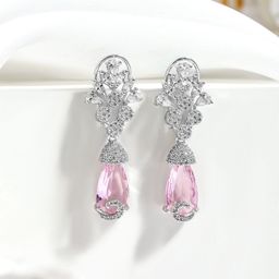 Rubans Rhodium-Plated Pink Crystal & Cubic Zirconia Studded Drop Earrings-image-22