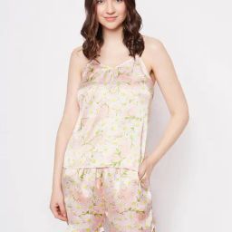 Clovia Peach Satin Floral Print Camisole Top With Shorts-image-2
