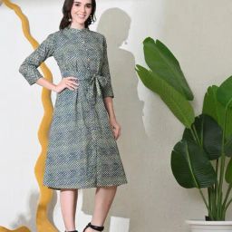 DECKEDUP Blue Cotton Printed Three-Quarter Sleeves Dress-picture-43
