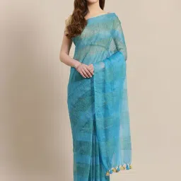 Kalakari India Turquoise Linen Embroidered Saree With Unstitched Blouse-picture-13