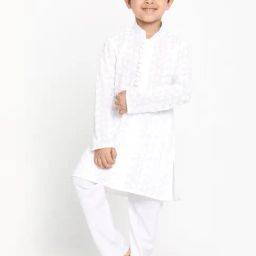 VASTRAMAY Kids White Cotton Embroidered Kurta Set-image-105