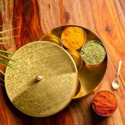 ExclusiveLane Floral-Etched' Handcrafted Spice Box In Brass With Spoon (7 Containers, 40 ML)-2