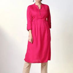 SHOWOFF Fuchsia Cotton Solid 3/4th sleeve Kurta-image-11