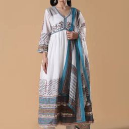 SHOWOFF White Cotton Embroidery Kurta With Dupatta-image-46