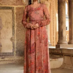 Scakhi Brown Organza Floral Anarkali Gown With Belt-picture-38