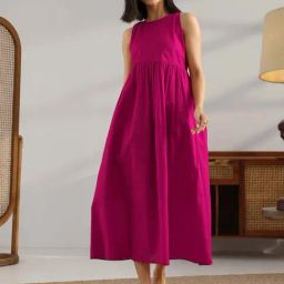 Libas Magenta Cotton Flared Fit Dress-picture-2