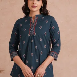 KAMI KUBI Women Ethnic Motifs Printed Mandarin Collar A-Line Cotton Regular Top-picture-16