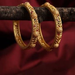 Aatmana Gold-Plated Ruby Studded Leaf Pattern Bangles - Set of 2-10