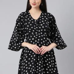SHOWOFF Black & White Floral Print A Line Dress-image-40