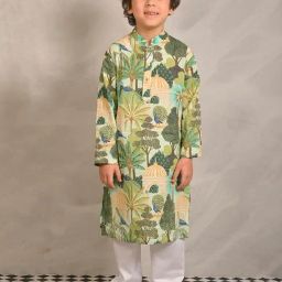 Anthrilo Boys Green & White Cotton Regular Fit Printed Kurta Set-image-69