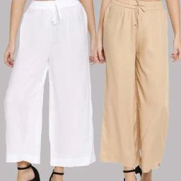 TWIN BIRDS White & Beige Mid Rise Palazzos - Pack Of 2-image-65