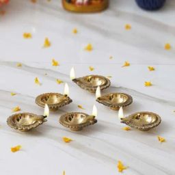 eCraftIndia Gold Brass Handcrafted Decorative Diyas - Set of 6-14