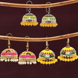 Oomph Yellow Meenakari with Pearls Beads Jhumki Earrings - Set of 3-image-22