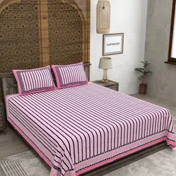 CLOTHOLOGY Pink & Blue Striped Pure Cotton 180 TC King Bedsheet Set 2.75 m x 2.25 m-image-88